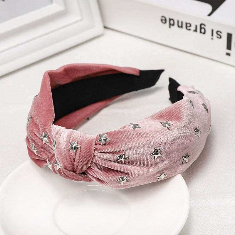 Fashion Cloth Headbands Korean Style Simple Solid Color Woman Drilling Stars Knotted Wide Side Velvet Hairbands Hair Accessories