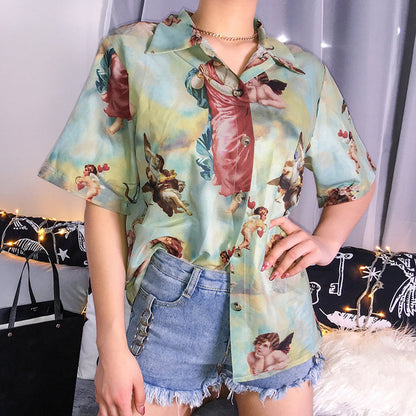 Vintage Aesthetic Cupid Angel Print Women&#39; Blouse Shirt Cardigan Short Sleeve Summer Top Graphic Blouse Women Clothes 2021 New