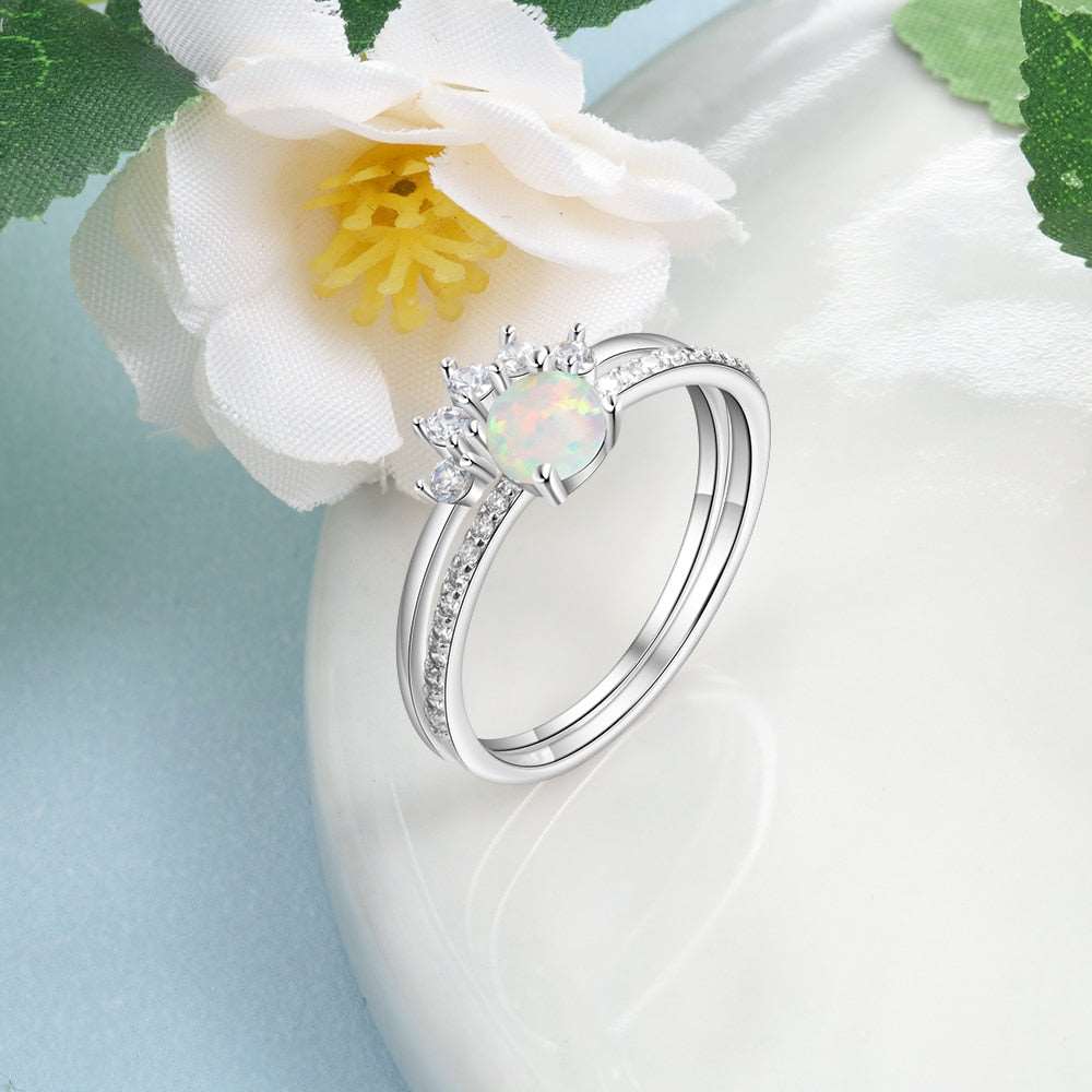 2 Pcs/Set 925 Sterling Silver Stackable Opal Ring Clear CZ Finger Rings for Women Wedding Band Silver 925 Jewelry (Lam Hub Fong)