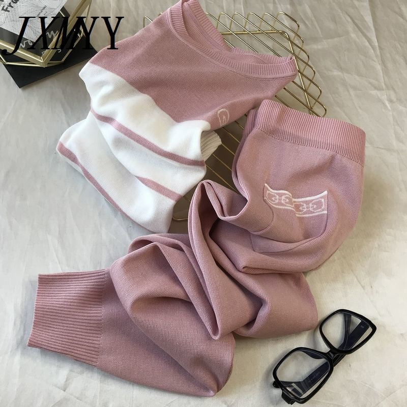 Korean Summer Butterfly Contrast Knitted 2 Peice Set Women Short Sleeve Sweater Female New Tops+pants Suit Pink Casual Tracksuit