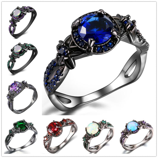 Black Gun Plated Natural Crystal Birthstone Women Rings Geometric Opal Druzy Rings For Party Wedding Gift 11 Colors
