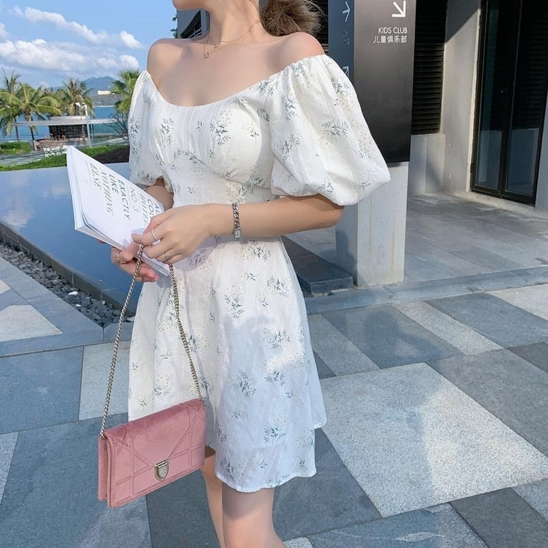Summer Elegant Dress Women Puff Sleeve French Floral Print Mini Dress Office Lady Korean Japan Style Kawaii Dress Women 2020