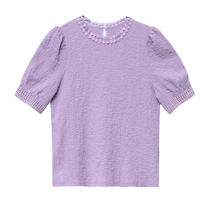 Casual O Neck Casaul Women Blouse 2022 Summer Pleated Apricot Purple Tops Blusas Mujer Short Sleeve Chiffon Shirt Women 10205