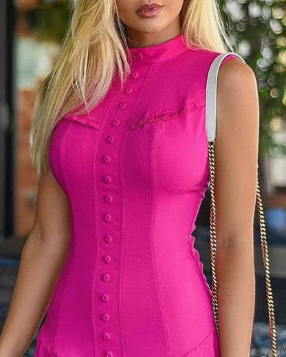 Women&#39;s Dress Casual Ruffle Hem Sleeveless Dress Elegant Stand Collar Mini Dress Summer Casual Swing Dress Sexy Pink Dress