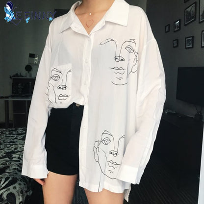 2021 New Summer Blouse Shirt Female Cotton Face Printing Full Sleeve Long Shirts Women Tops Ladies Clothing