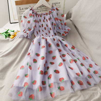 Strawberry Dress Women French Style Lace Chiffon Sweet Dress Casual Puff Sleeve Elegant Printed Kawaii Dress Women 2022 New