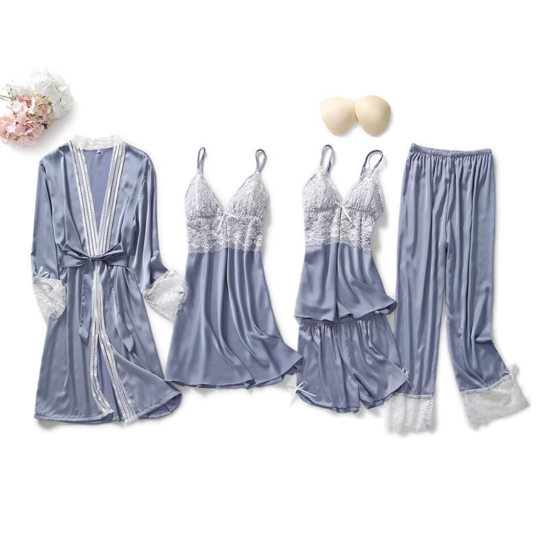 Black Sexy Women Robe Set Faux Silk Kimono Bathrobe Gown 5PCS Sleepwear Suit Hollow Out Lace Nightgown Home Wear Wedding Gift