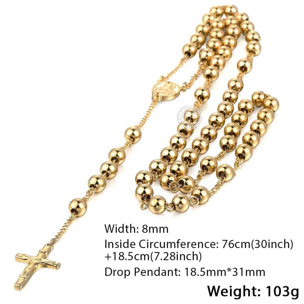Davieslee Womens Men's Necklace Stainless Steel Chain Bead Rosary Long Necklace Jesus Christ Cross Prayer Jewelry DLKN434