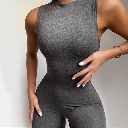 Solid Jumpsuit Women Summer 2020 Casual O Neck Sleeveless Pencil Pants Body Sportswear Fitness Bodycon Rompers Womens Jumpsuit