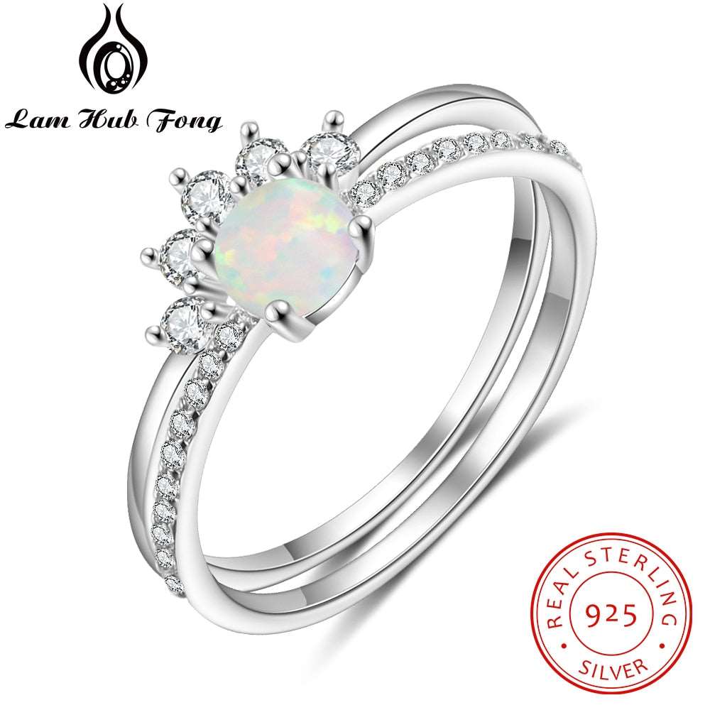 2 Pcs/Set 925 Sterling Silver Stackable Opal Ring Clear CZ Finger Rings for Women Wedding Band Silver 925 Jewelry (Lam Hub Fong)