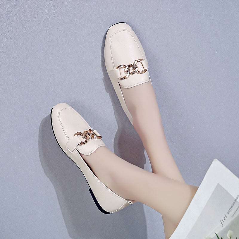 2021 summer new pattern Lefu Midmouth Square head low-heel chain Casual and versatile commute Women's shoes Flat bottom work leather shoes