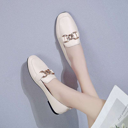 2021 summer new pattern Lefu Midmouth Square head low-heel chain Casual and versatile commute Women's shoes Flat bottom work leather shoes