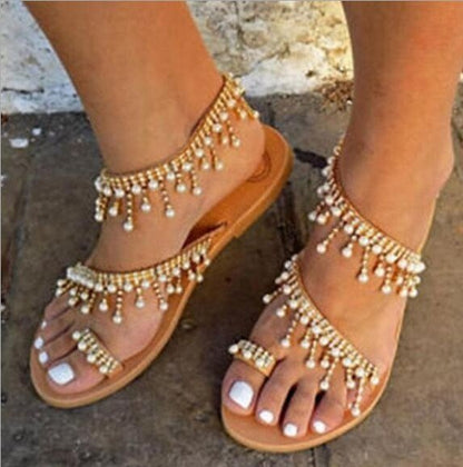 foreign trade Big size 43 Flat shoes Small Hanging bead Toenail Women's Shoes new pattern summer Sandals female Flat heel student Internet celebrity fashionable