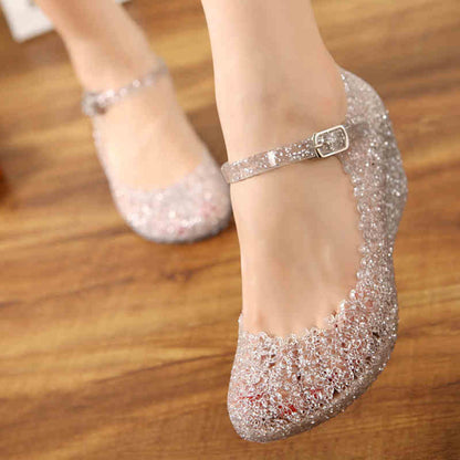 new pattern crystal Sandals Slope heel Women's Shoes princess high-heeled shoes Women's money melissa  Square dance shoes Baotou Thick bottom Middle heel