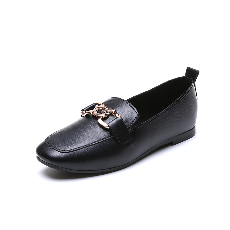 2021 summer new pattern Lefu Midmouth Square head low-heel chain Casual and versatile commute Women's shoes Flat bottom work leather shoes