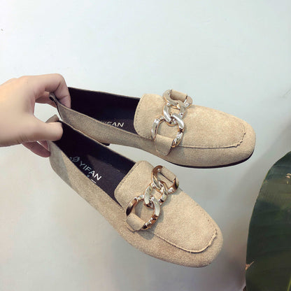 2021 summer new pattern Lefu Midmouth Square head low-heel chain Casual and versatile commute Women's shoes Flat bottom work leather shoes