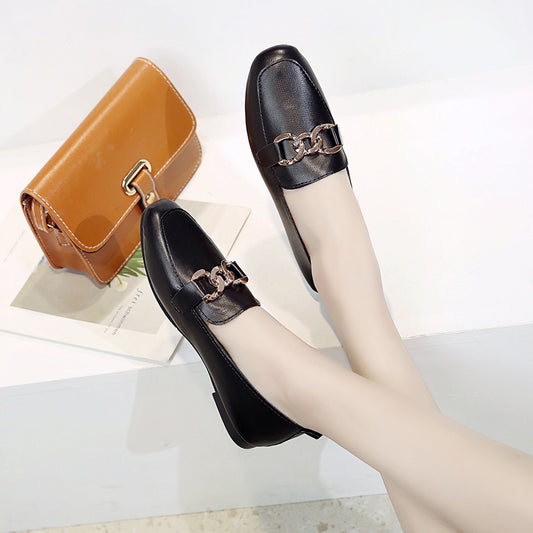 2021 summer new pattern Lefu Midmouth Square head low-heel chain Casual and versatile commute Women's shoes Flat bottom work leather shoes
