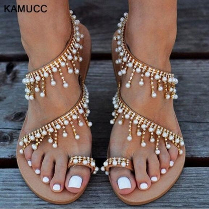 foreign trade Big size 43 Flat shoes Small Hanging bead Toenail Women's Shoes new pattern summer Sandals female Flat heel student Internet celebrity fashionable