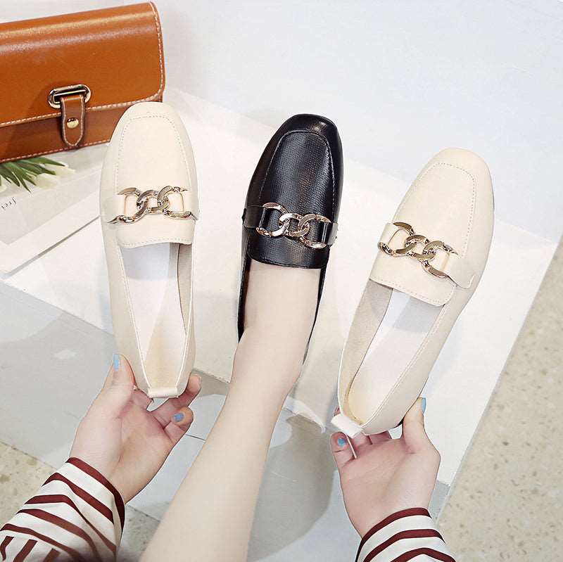 2021 summer new pattern Lefu Midmouth Square head low-heel chain Casual and versatile commute Women's shoes Flat bottom work leather shoes