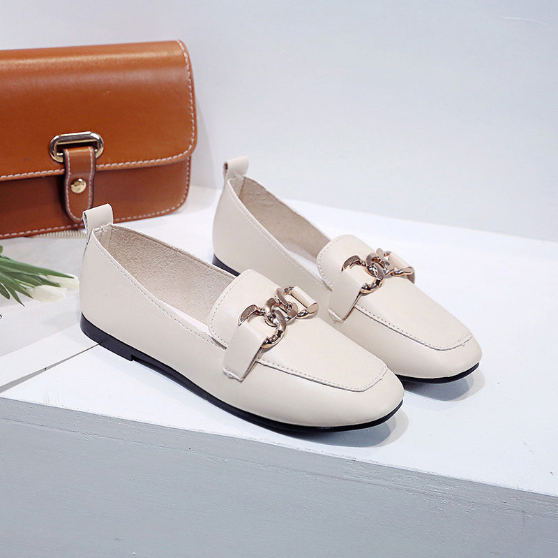 2021 summer new pattern Lefu Midmouth Square head low-heel chain Casual and versatile commute Women's shoes Flat bottom work leather shoes