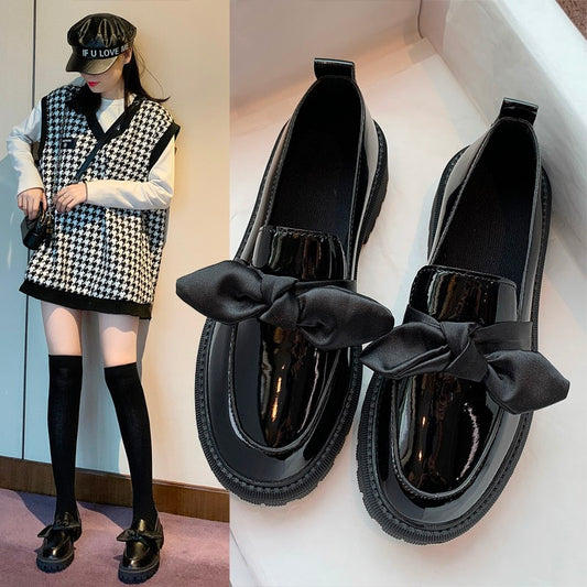 Small bow leather shoes female British style Korean version Versatile student 2023 new pattern Spring shoes Thick heel shoes