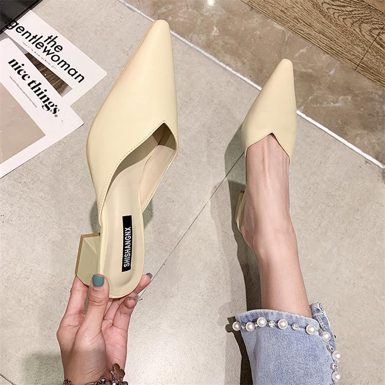 high-heeled shoes 2021 new pattern Fashionable and versatile Lazy shoes Sharp point Thick heel Baotou Half drag sandals  female summer Wear out