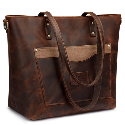 S-ZONE Genuine Leather Tote Bag for Women Vintage Shoulder Purse Work Handbag with Front Pockets