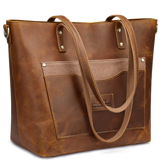 S-ZONE Genuine Leather Tote Bag for Women Vintage Shoulder Purse Work Handbag with Front Pockets