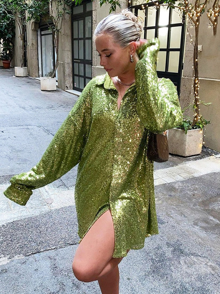 Glitter Blouses Long Sleeve Top Sequin Shirts Women Y2K Solid Shirt Autumn Winter 2022 Chic Streetwear Green V Neck Blouse