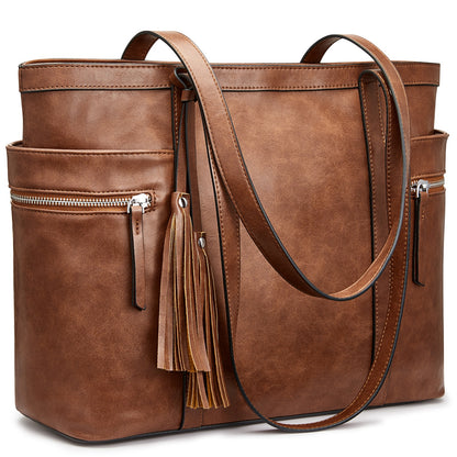 S-ZONE Women Leather Tote Multi-Pocket Large Shoulder Bag Ladies Work Handbag Purse with Tassel