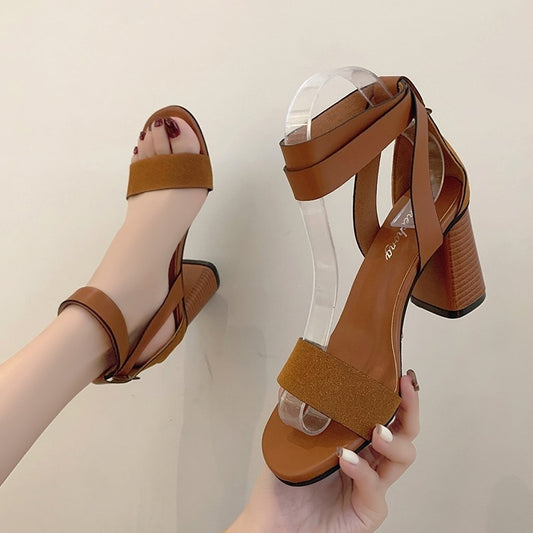 Women's Buckle Strap Open Round Toe High Heels