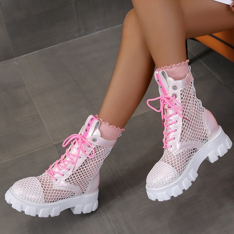 Sandal Boots Summer 2022 New Lace Up Hollow Out Breathable Heightening Girls Ankle Boots Fashion Mesh Women Sandals Plus Size 43