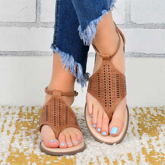 2022 Summer New Open Toe Sandals Sexy Hollow Flats Retro Buckle Casual Flip-Flops Gladiator Sandalias De Mujer Plus Size 35~43