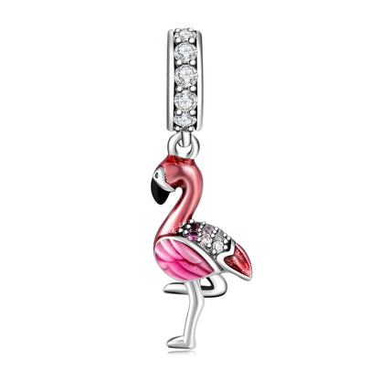 Hot 925 Sterling Silver Pink Sparkling CZ Flamingo Charms bead For jewelry making Pendants Fit Original Charm European Bracelets