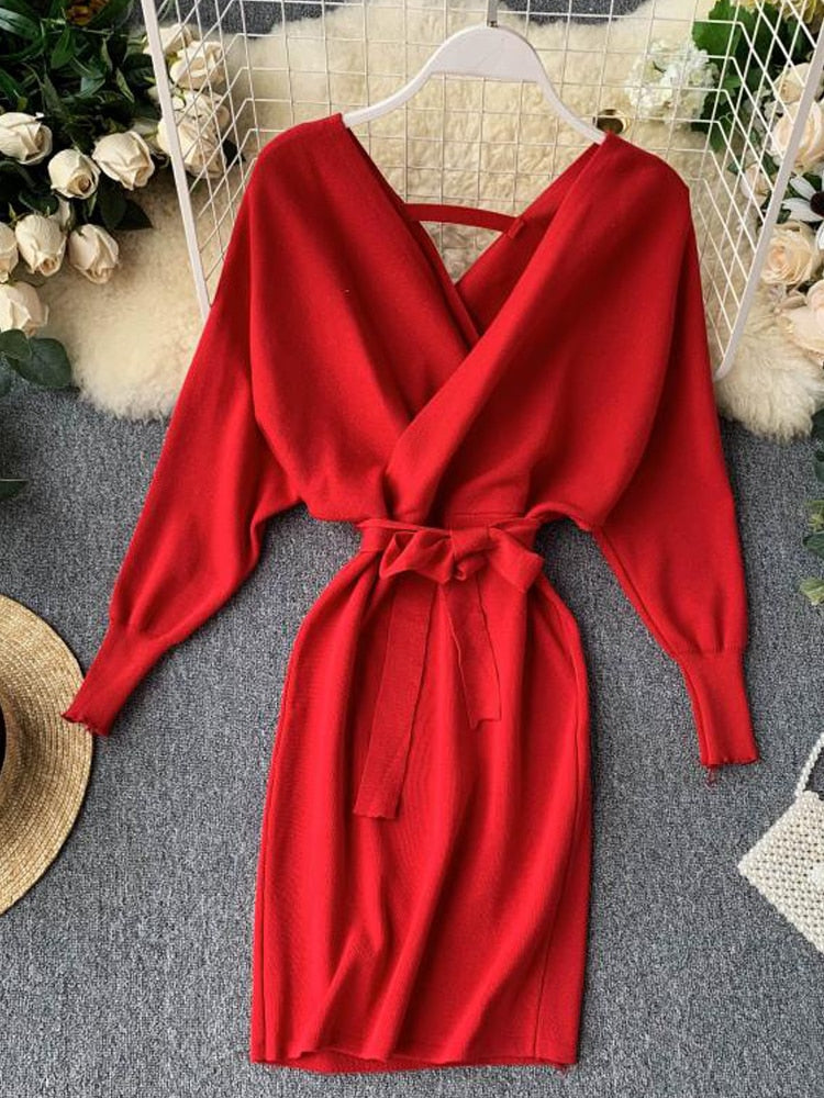 YuooMuoo Autumn Winter Women Knitted Sweater Dress 2022 New Korean Long Batwing Sleeve V Neck Elegant Dress Ladies Bandage Dress