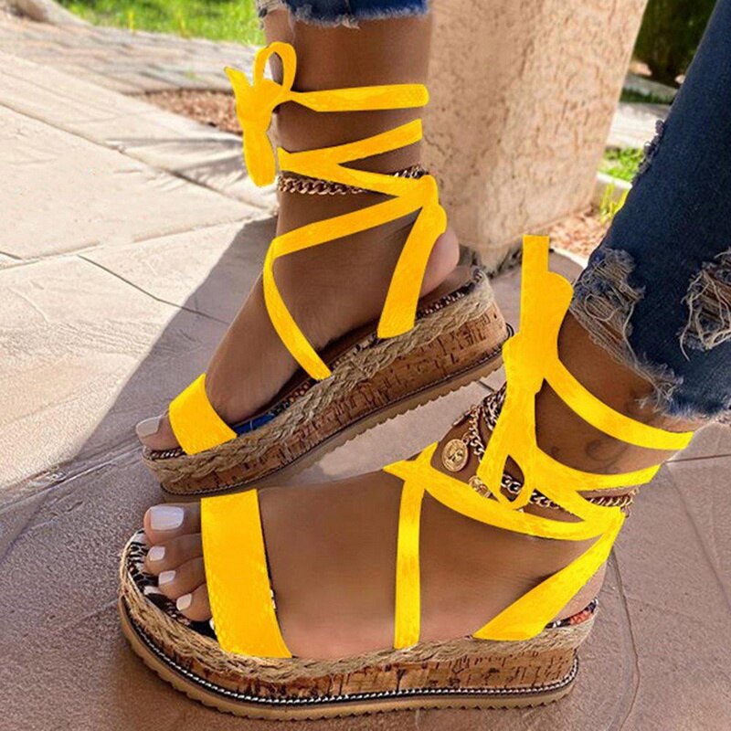 Women&#39;s Roman Sandals Leopard Print Ethnic Fashion Print Platform Cross-Tie Open Toe Beach Shoes Casual Wedge Heels Plus Size 43