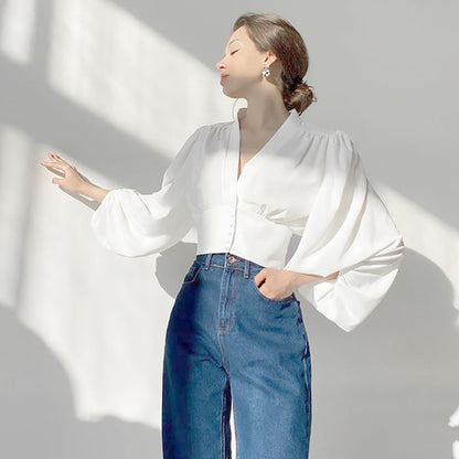 Women&#39;s Sexy Deep V Neck Shirt 2022 Summer Three Quarter Lantern Sleeve Crop Tops Woman Female Fashion Solid Slim Shirts Blouses