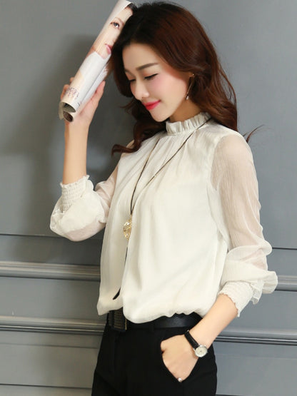 Chiffon Blouse New Women Tops Long Sleeve Stand Neck Work Wear Shirts Elegant Lady Casual Blouses women&#39;s blusas clothe