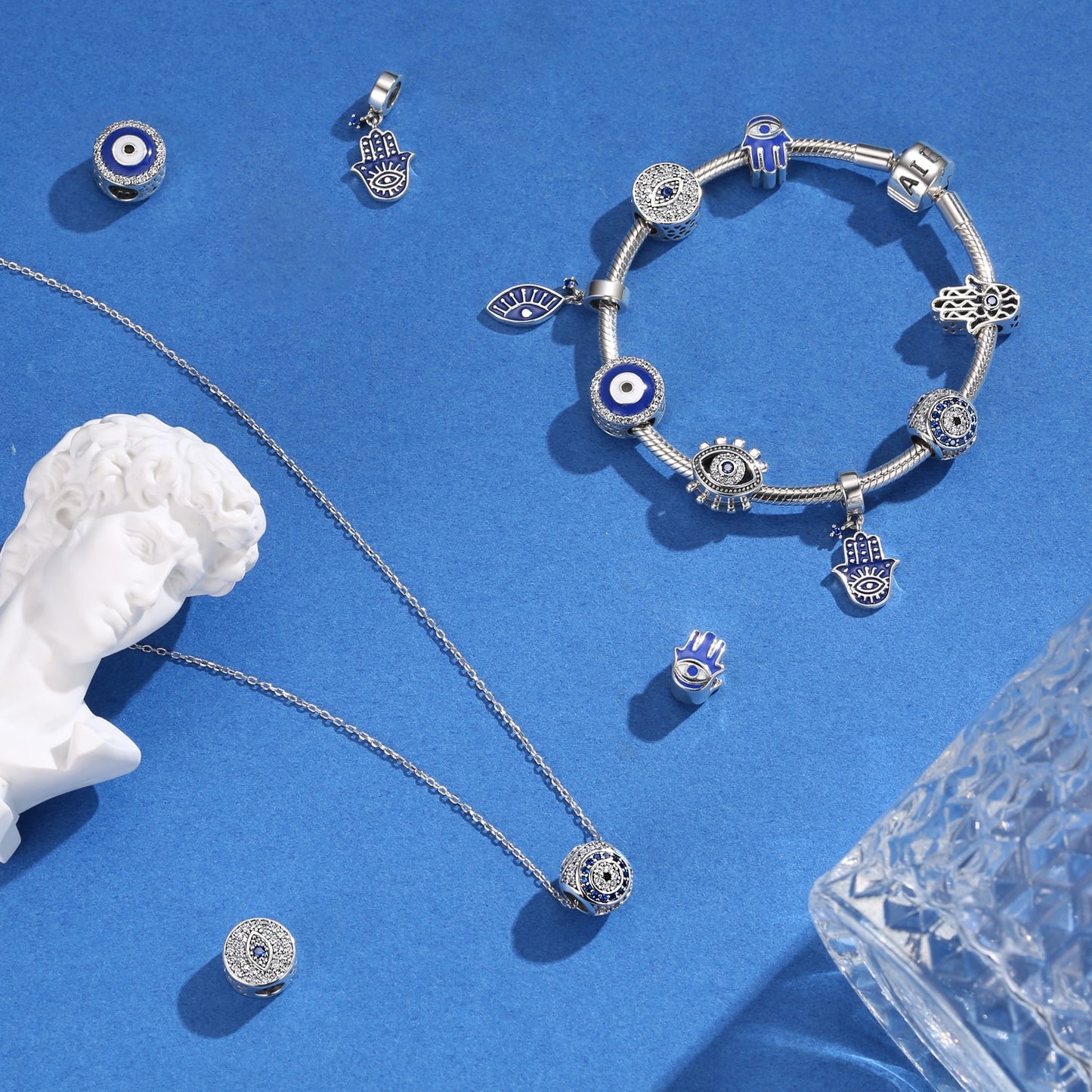 Fashion 925 Sterling Silver Colorful Blue and White Enamel Eye CZ Beads Fit Original JIUHAO Charm Bracelet Jewelry Making 2021