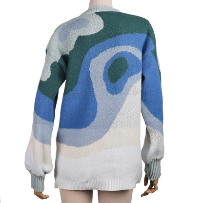 YiYiMiYu Preppy Style Knit Women Pullover Sweater Autumn New Design Blue White Printed Soft Loose Tops Lady Long Sleeve Sweaters