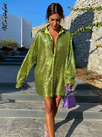 Glitter Blouses Long Sleeve Top Sequin Shirts Women Y2K Solid Shirt Autumn Winter 2022 Chic Streetwear Green V Neck Blouse