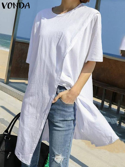 White Tops Women Blouse  VONDA Summer Casual Short Sleeve Round Neck Split Hem Party Shirts Bohemian Blusa