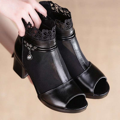 2022 Summer New Fish Mouth Sandals Open Toe Mesh Zipper Thick High Heels Sexy Party Rhinestone Leather Women Boots Plus Size 40
