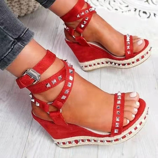 Wedge Stud Roman Sandals 2022 Summer New Women Fashion Gladiator Shoes Buckle Strap Open Toe High Heels Red Beach Prom Sandalias