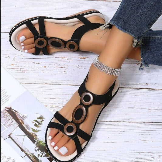 New Summer Women&#39;s Gladiator Sandals Cross-Tie Buckle Open Toe Outdoor Beach Shoes Fashion Round Toe Flat Simple Roman Sandals