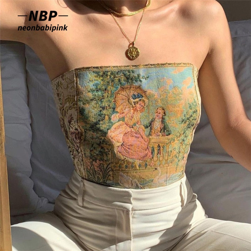NEONBABIPINK Vintage Printed Corset Top Fairycore Aesthetic Clothes Summer 2022 Sexy Crop Top Cottagecore Graphic Tanks N71-BI12