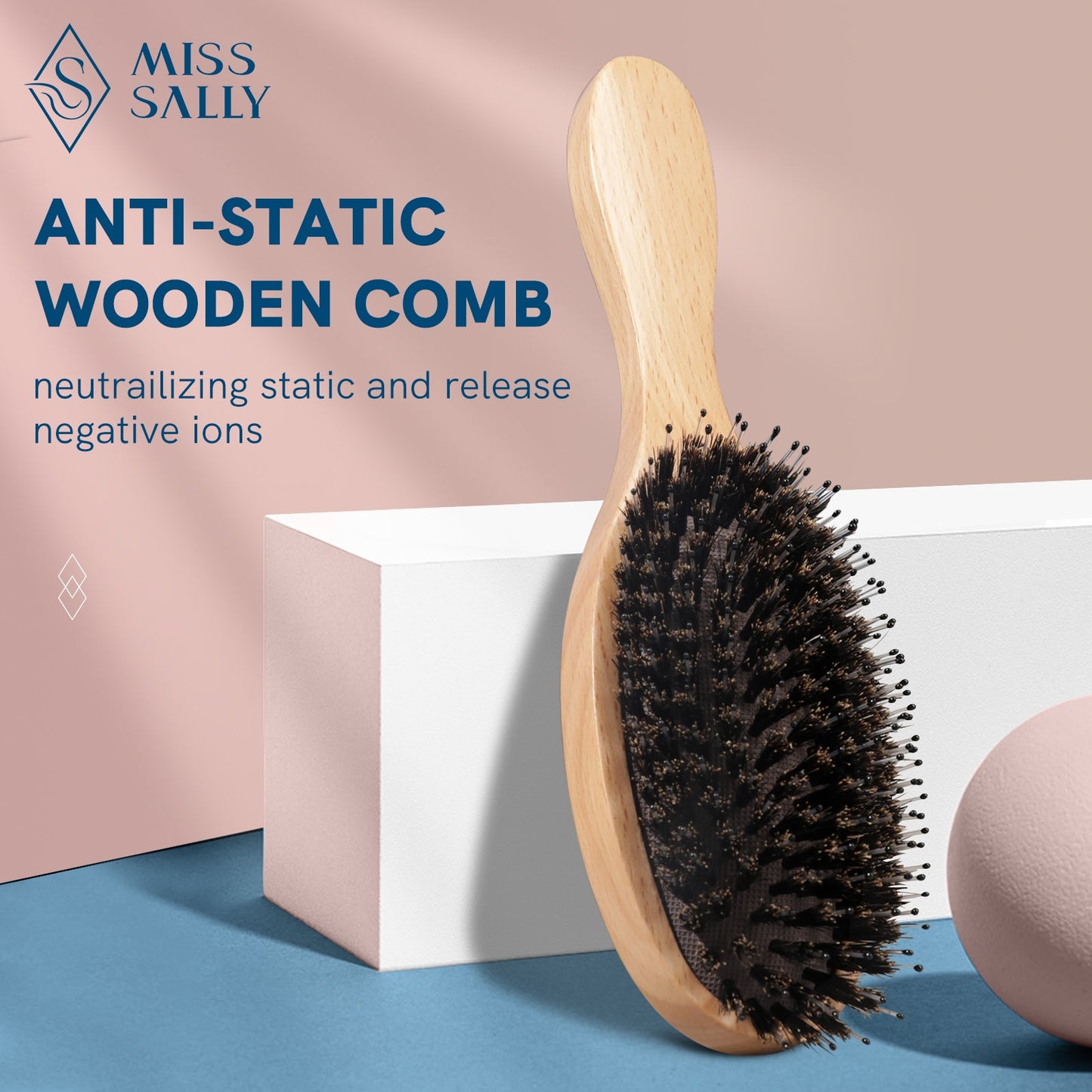Miss Sally Wooden Hair Brush Anti-Static Scalp Massage Comb with Boar Bristle Air Cushion Comb for Women Men Wet and Dry Hair