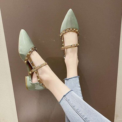 2022 New High Heels Pointed Toe Buckle Rivets Summer Sexy Mules Fashion All-match Net Red Banquet Thick Heels Women&#39;s High Heels