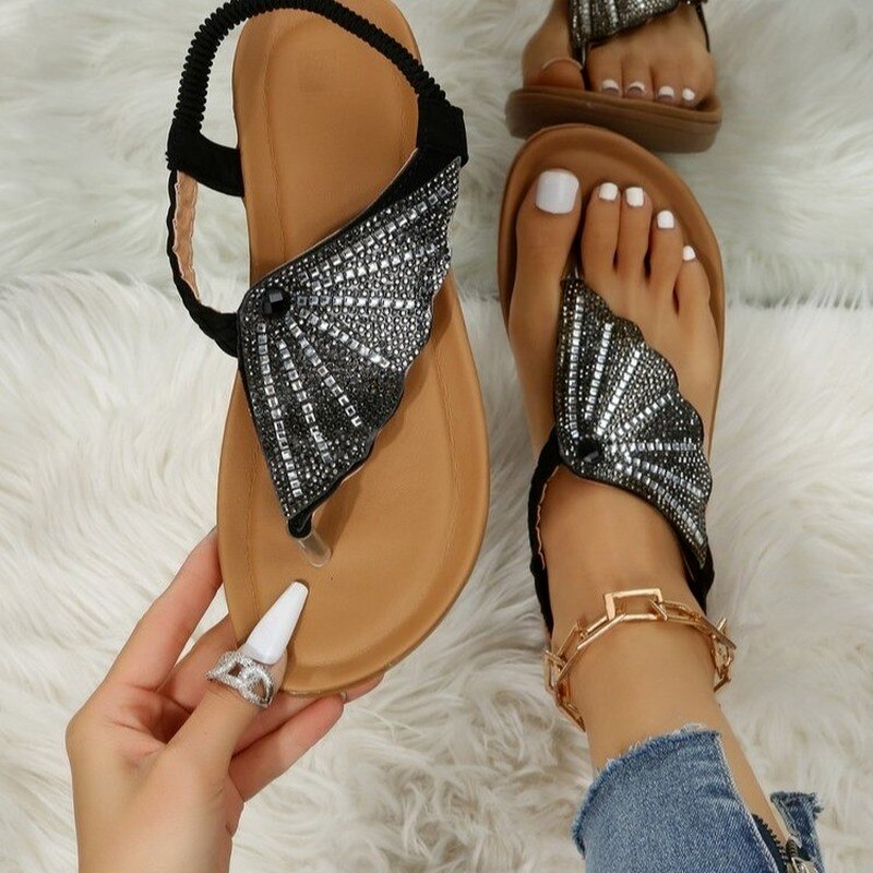 Roman Sandals 2022 New Rhinestone Slip-On Butterfly Clip-toe Flats Fashion Summer Elastic Band Round Toe Simple Women&#39;s Sandals
