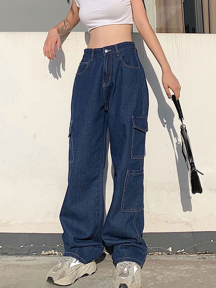 Weekeep Fashion Streetwear Women Jeans Pocket High Waist Jeans Korean Casual Straight Harajuku Denim Pants Baggy New Cargo Pants